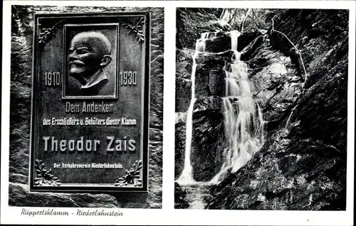 Ak Niederlahnstein Lahnstein Rhein Lahn Kreis, Ruppertsklamm, Wasserfall, Gedenktafel Theodor Zais