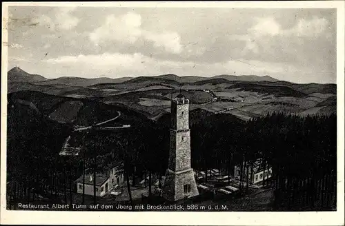 Ak Bad Grund im Harz, Restaurant Albert Turm auf dem Iberg mit Brockenblick