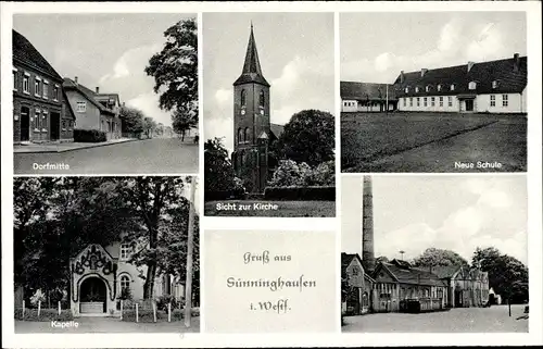 Ak Sünninghausen Oelde im Münsterland, Kirche, Kapelle, Schule, Dorfmitte