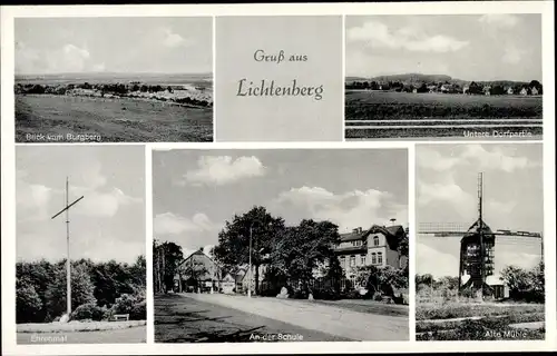 Ak Lichtenberg Salzgitter in Niedersachsen, Burgberg, Windmühle, Dorfpartie, Ehrenmal, Schule