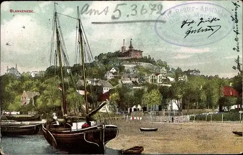 Ak Hamburg Altona Blankenese, Segelboot am Strand, Süllberg