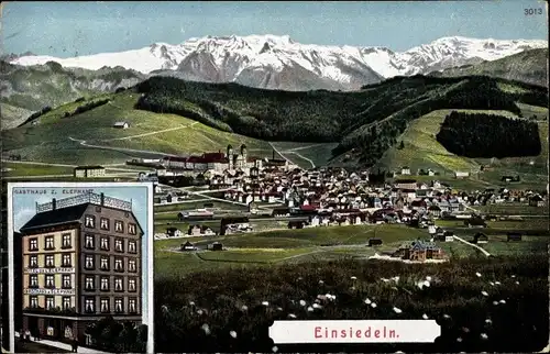 Ak Einsiedeln Kanton Schwyz Schweiz, Gasthaus zum Elephant, Blick auf den Ort