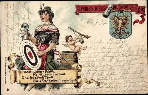 Wappen Litho Nürnberg in Mittelfranken Bayern, XII Bundesschießen 1897, Frau mit Zielscheibe