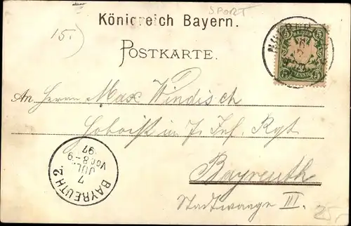 Wappen Litho Nürnberg in Mittelfranken Bayern, XII Bundesschießen 1897, Frau mit Zielscheibe