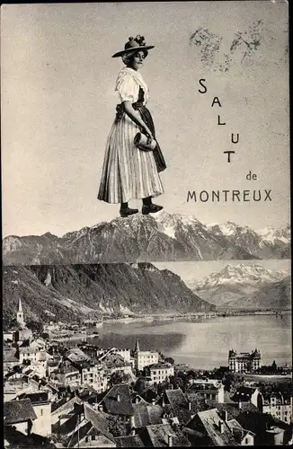 Ak Montreux Kt. Waadt Schweiz, Blick auf den Ort, Frau in Tracht, Fotomontage