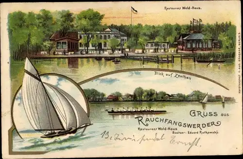 Ak Berlin Köpenick Schmöckwitz Rauchfangswerder, Restaurant Waldhaus, Segelboot, Zeuthen