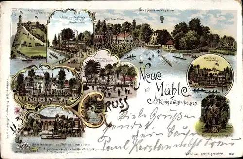 Litho Königs Wusterhausen, Neue Mühle, Clubhaus, Hotel zur Schleuse, Restaurant zum Tiergarten, Turm
