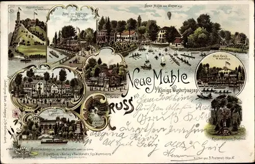 Litho Königs Wusterhausen, Neue Mühle, Clubhaus, Hotel zur Schleuse, Restaurant zum Tiergarten, Turm