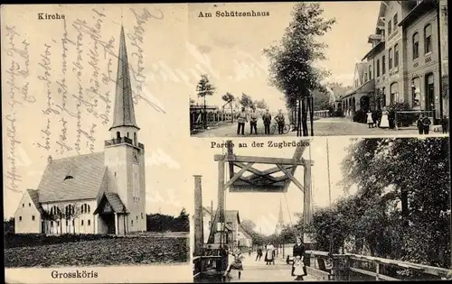 Ak Groß Köris im Kreis Dahme Spreewald, Kirche, Schützenhaus, Zugbrücke
