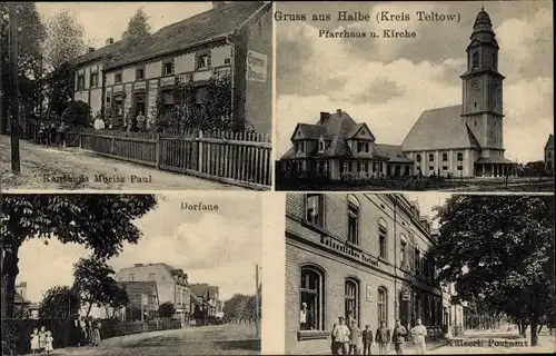 Ak Halbe Kreis Teltow, Pfarrhaus, Kirche, Dorfaue, Kaiserl. Postamt