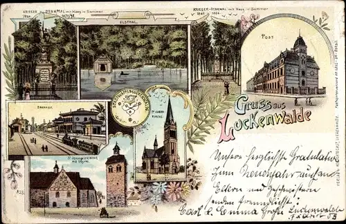 Litho Luckenwalde im Kreis Teltow Fläming, Elstal, Post, Kriegerdenkmal, Bahnhof, St. Johanniskirche