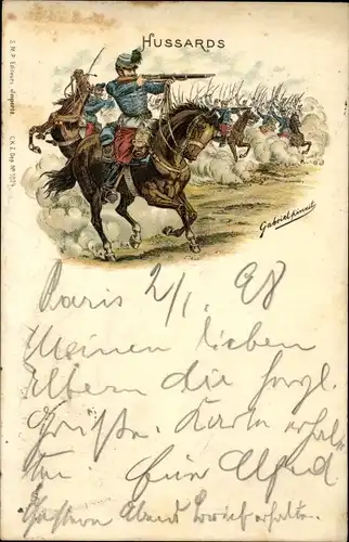 Künstler Litho Hussards, französische Husare im Gefecht