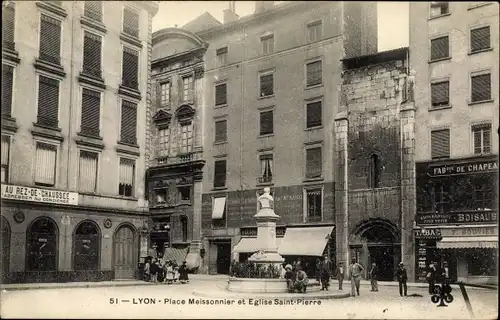 Ak Lyon Rhône, Place Meissonnier et Eglise Saint Pierre, Brunnen