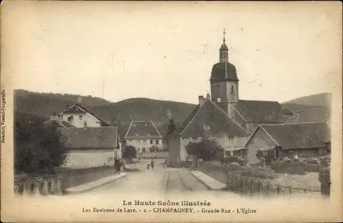 Ak Champagney Haute Saône, Grande Rue, L'Eglise