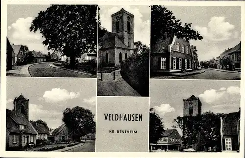 Ak Veldhausen Neuenhaus in Niedersachsen, Kirche, Straßenpartie