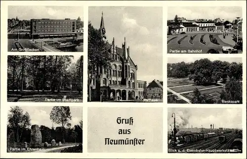 Ak Neumünster in Schleswig Holstein, Großflecken, Rathaus, Stadtpark, Bahnhof, Renkspark, Ehrenhain