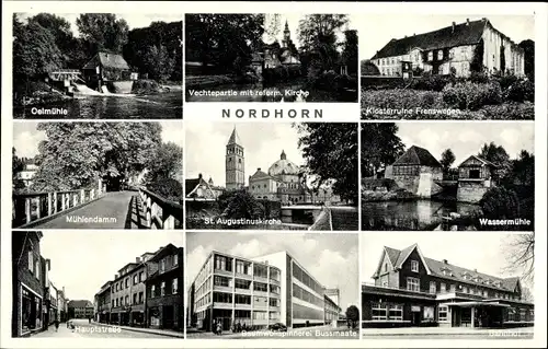 Ak Nordhorn in der Grafschaft Bentheim, Oelmühle, Bahnhof, Wassermühle, Kirche, Baumwollspinnerei