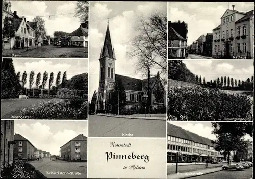 Ak Pinneberg in Holstein, Rosengarten, Kirche, Rosenhof, Damm, Rathaus