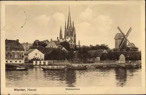 Ak Werder an der Havel, Mühlenblick, Uferpartie, Ruderboote, Kirche, Wohnhäuser