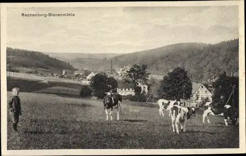 Ak Rechenberg Bienenmühle Erzgebirge, Kühe auf der Weide, Ort, Kind