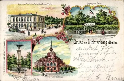Litho Berlin Lichtenberg, Restaurant Victoriagarten, Inh. Gustav Thaler, Rathaus, Kriegerdenkmal