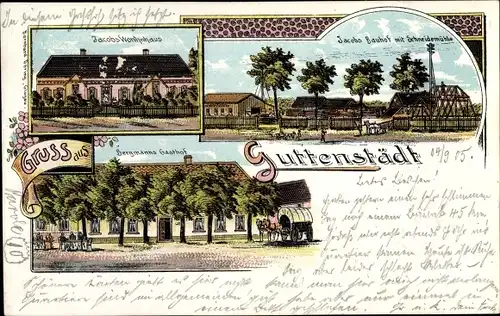 Litho Dobromil Guttenstädt Niederschlesien, Gasthof Bergmann, Bauhof Jacob, Schneidemühle, Wohnhaus