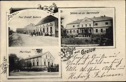 Ak Gralewo Gralow Neumark Ostbrandenburg, Paul Brandt Bäckerei, Schloss, Pfarrhaus