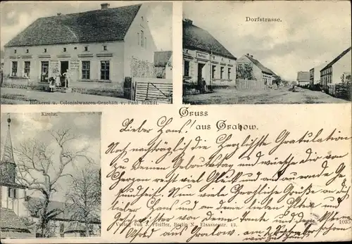 Ak Gralewo Gralow Ostbrandenburg, Kolonialwarenhandlung, Dorfstraße, Kirche