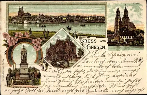 Litho Gniezno Gnesen Posen, Dom, Kaiser Friedrich Denkmal, Post, Totale