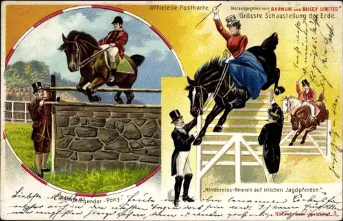 Litho Zirkus Barnum and Bailey, Hochspringendes Pony, Hindernisrennen auf irischen Jagdpferden