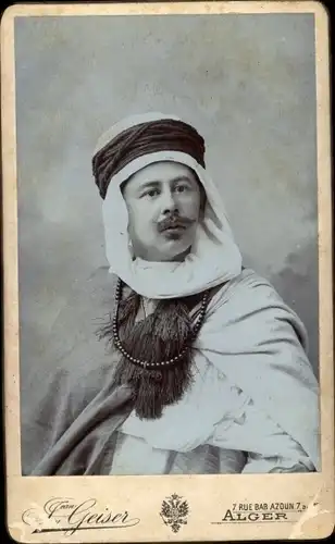 CdV Algier Alger Algerien, Mann, Portrait, Kufiya, Arabische Mode, Atelier Jean Geiser