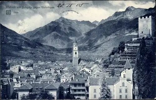 Ak Meran Südtirol, Blick über die Stadt, Kirchturm, Festung, Zielspitze