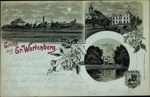 Mondschein Litho Syców Groß Wartenberg Schlesien, Postamt, Schloss, Blick auf den Ort