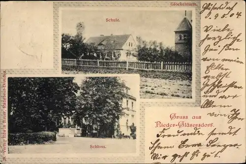 Ak Nieder Gläsersdorf Kreis Glogau Schlesien, Schloss, Schule, Glockenturm