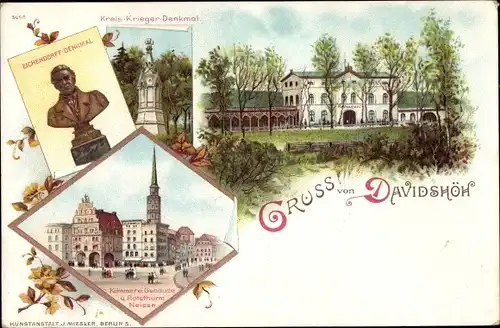 Litho Nysa Neisse Schlesien, Gasthof Davidshöh, Eichendorff Denkmal, Kriegerdenkmal, Rathaus