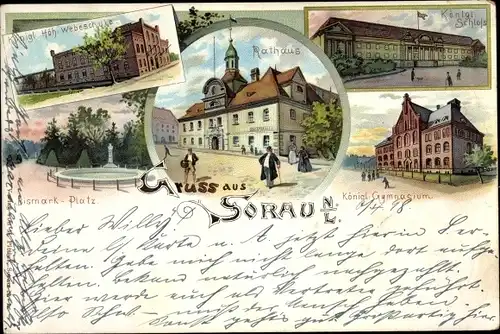 Litho Żary Sorau Niederlausitz Ostbrandenburg, Gymnasium, Schloss, Rathaus, Webschule