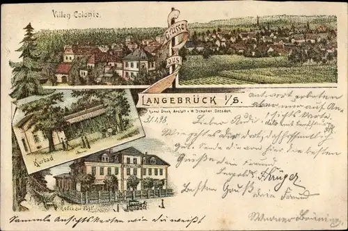 Litho Dresden Langebrück, Villenkolonie, Kurbad, Hotel zur Post, Totalansicht der Ortschaft