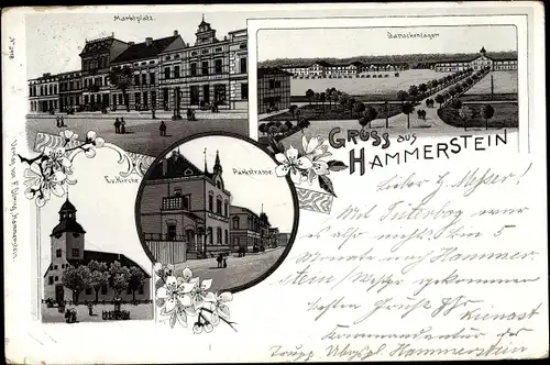 Litho Czarne Hammerstein Westpreußen, Barackenlager, Markt, evangelische Kirche, Parkstraße