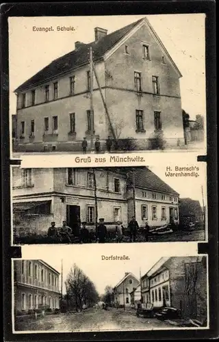 Ak Mnichowice Münchwitz Niederschlesien, Evangelische Schule, Warenhandlung, Dorfstraße