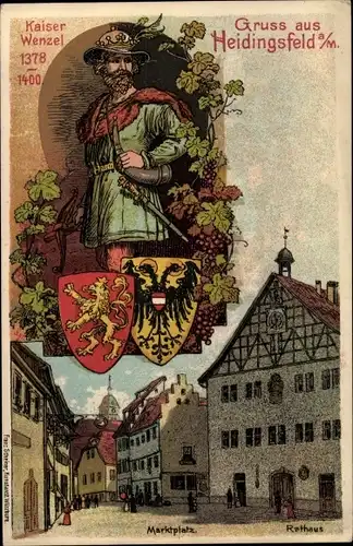 Wappen Litho Heidingsfeld Würzburg am Main Unterfranken, Marktplatz, Rathaus, Kaiser Wenzel