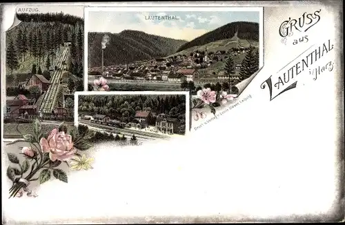 Litho Lautenthal Langelsheim im Oberharz, Aufzug, Blick auf den Ort, Bahnhof