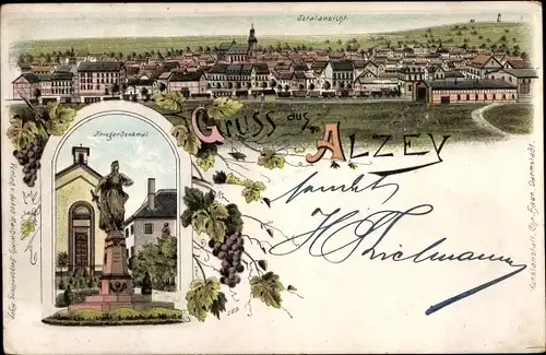 Litho Alzey in Rheinhessen, Kriegerdenkmal, Totalansicht der Ortschaft