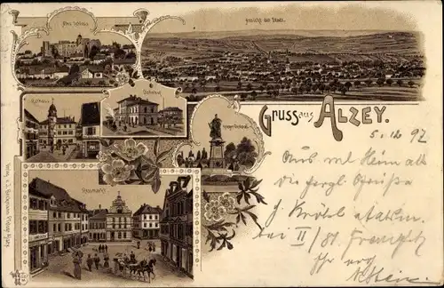 Litho Alzey in Rheinhessen, Alts Schloss, Rathaus, Bahnhof, Rossmarkt, Panorama vom Ort