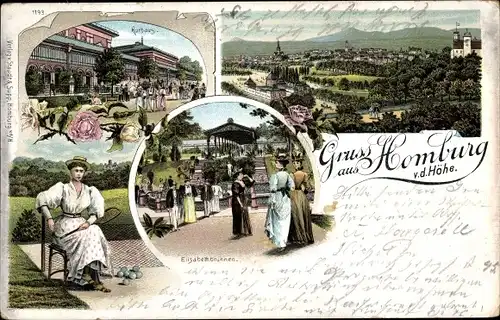 Litho Bad Homburg vor der Höhe Hessen, Tennisspielerin, Elisabethbrunnen, Kurhaus
