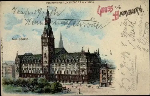 Haltgegendaslicht Litho Hamburg, Ansicht vom Rathaus, Meteor 518