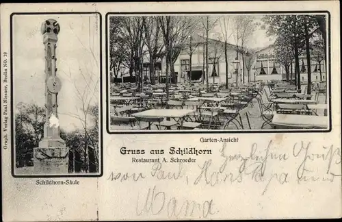 Ak Berlin Wilmersdorf Grunewald Schildhorn, Restaurant, Gartenpartie, Schildhorn Säule