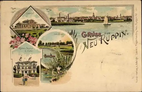 Litho Neuruppin in Brandenburg, Bahnhof, Cafe, Köhler's Gasthaus, Totalansicht