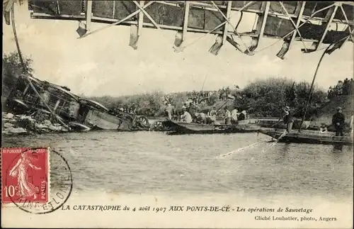 Ak Les Ponts de Cé Maine et Loire, Catastrophe, 1907, Les operations de Sauvetage