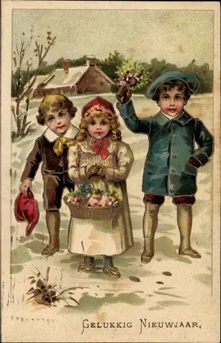 Ak Glückwunsch Neujahr, Kinder mit Blumen, Korb, Blumenstrauß