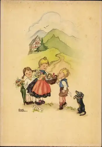 Künstler Ak Lauterborn, L., Kinder mit Regenschirm, Korb mit Süßigkeiten, Blumen, Hund